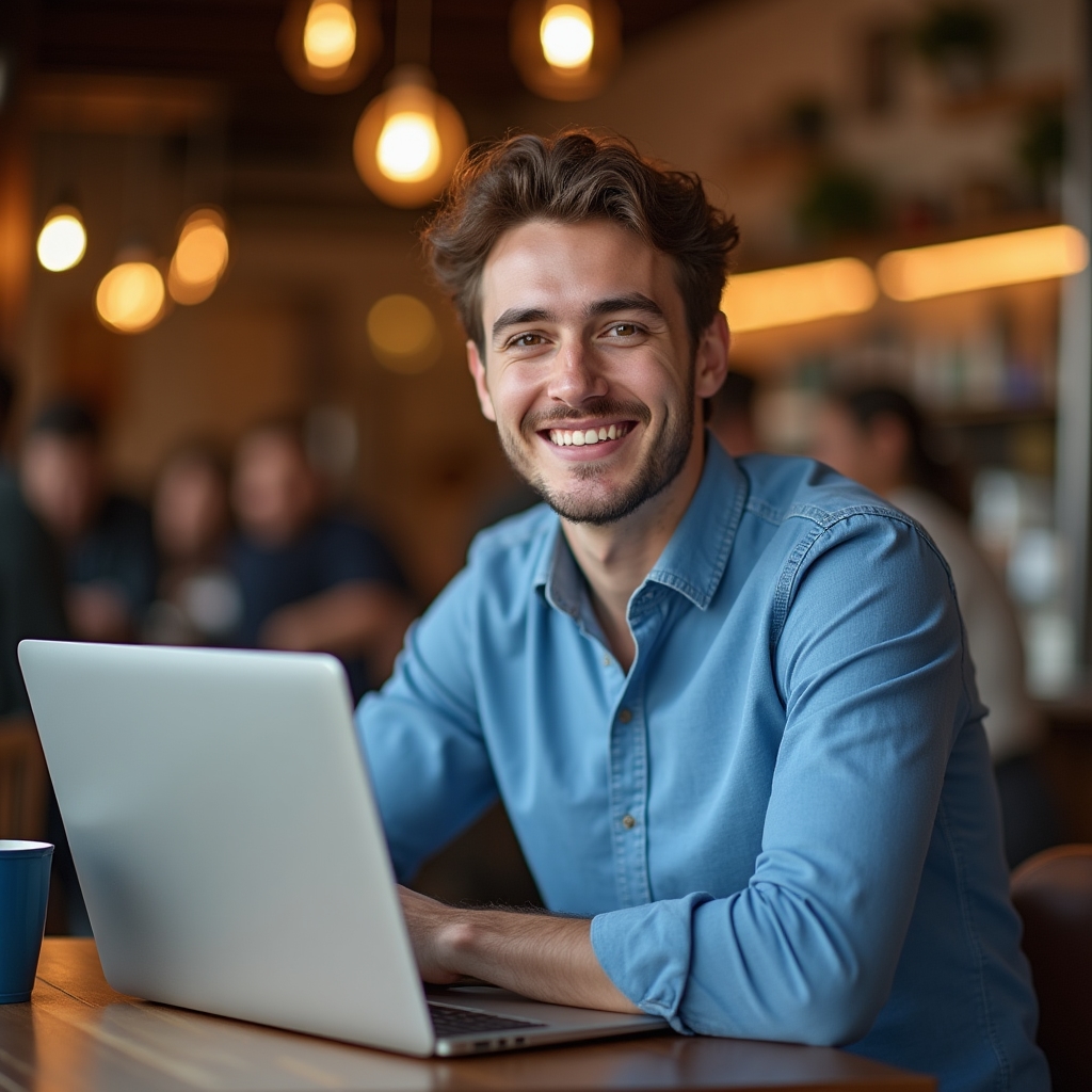 Początkujący student SEO uczący się przy laptopie z uśmiechem