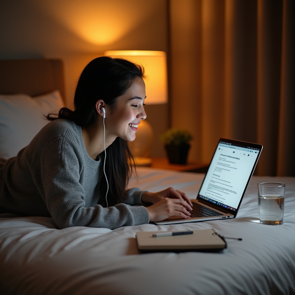 Osoba ucząca się SEO online na laptopie w wygodnym środowisku domowym